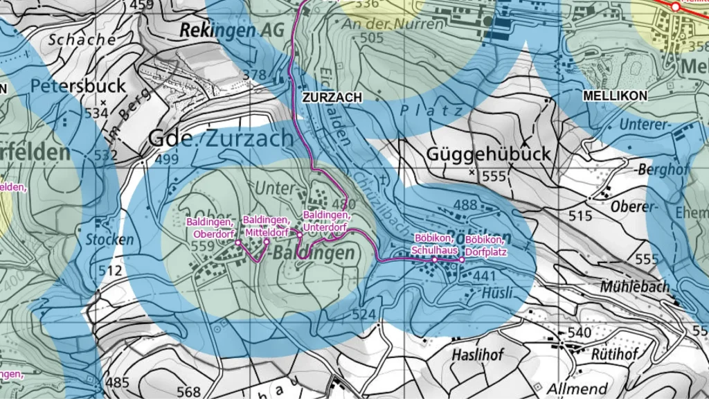 Baldigen / Böbikon: Schlechte Anbindungen an den ÖV (Klassen E/F).